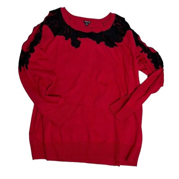 TORRID Top Red Cotton Knit Black Lace Pullover Cold Shoulder Plus Size 5 5X NEW - Picture 4 of 10